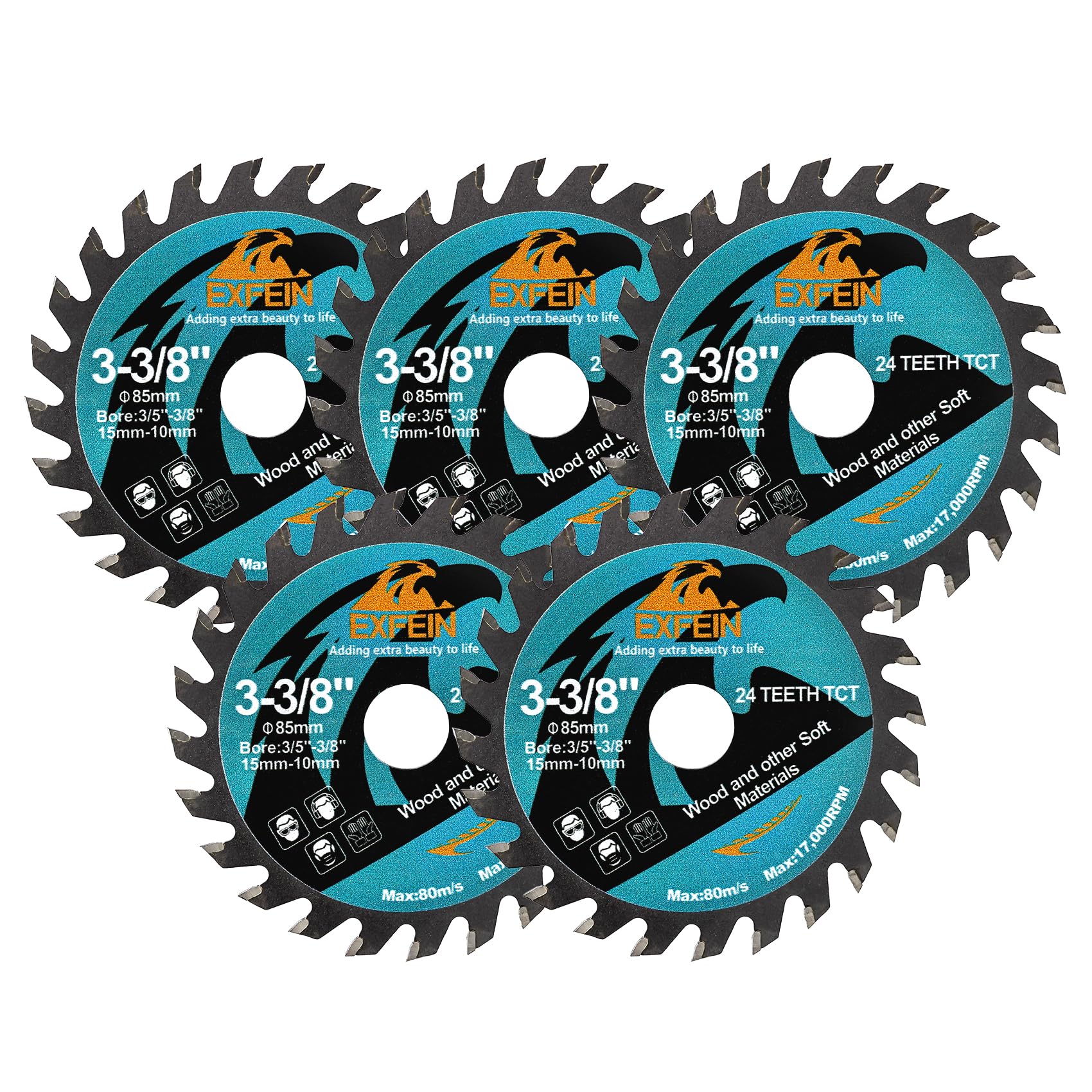 EXFEIN Wood Cutting Disc 85mm 5pcs - 24T TCT Carbide Tipped Teeth Compact Circular Saw Blade with 10mm Arbor, General Purpose for Cuttting in Wood Plastic and Composite Materials