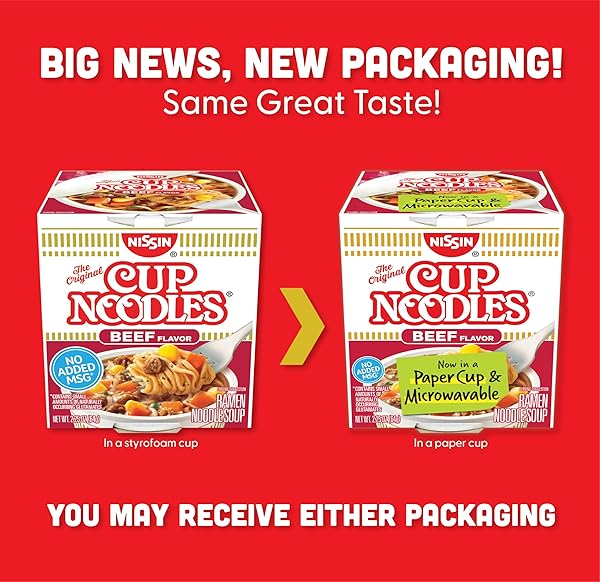 NISSIN CUP NOODLES SOUP, BEEF FLAVOR, MICROWAVEABLE PAPER CUPS, INSTANT RAMEN, 2.25 OUNCE (PACK OF 12)