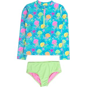 RuffleButts Girls Tween Long Sleeve Rash Guard 2Pc Swimsuit - Bikini Set | 80% Nylon, 20% Spandex, UPF 50+, 4-Way Stretch, Fr