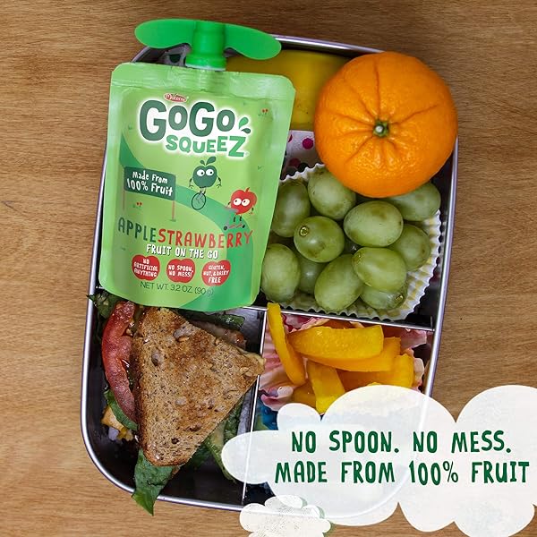 GOGO SQUEEZ APPLESAUCE AND FRUIT PUREE, APPLE STRAWBERRY, 3.2 OZ (PACK OF 4), UNSWEETENED FRUIT SNACKS FOR KIDS, GLUTEN FREE, NUT FREE AND DAIRY FREE, BPA FREE POUCHES (PACKAGING MAY VARY)