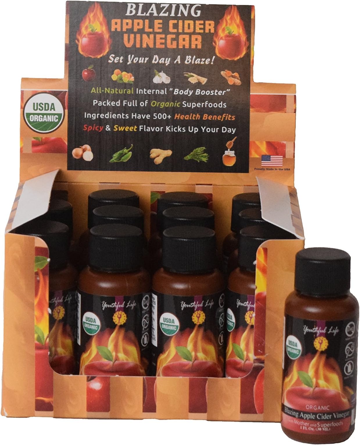 Blazing Apple Cider Vinegar, Fire Cider Tonic, ACV, with Mother and Superfoods, Organic, Raw, Unfiltered, Unpasteurized, Probiotic, Ideal Detox Cleanse, Tasty Seasoning Meats, Marinades, 12x1Oz Shots