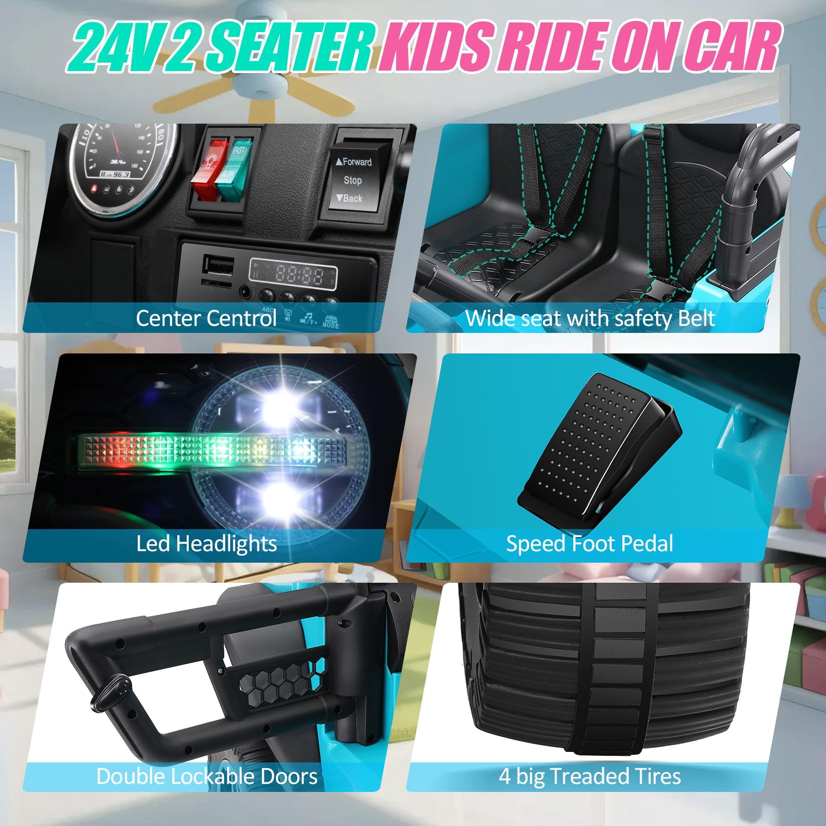 Hikole 24 Volt Ride on Car Toys with Remote Control, 4x100W Powerful Wheels, Electric Car for Kids 2 Seater for Kids Boys Girls Age 4-8, 5MPH Max Speed, LED Lights, 4*Suspension, Music Player, Blue