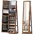 OUTDOOR DOIT 360° Rotating Jewelry Armoire with Lockable,Full Length Mirror Large Capacity Jewelry Organizer Armoire,Floor Standing Mirror with Back Storage Shelves for Bedroom (Brown1)