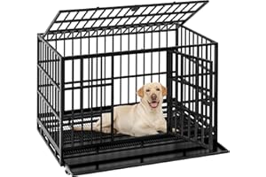 WARCAT 48 Inch Heavy Duty Dog Crate Cage Indestructible Dog Crate for Large Dog with Escape Proof Metal Kennel with Double Door Lockable Wheels Removable Tray Indoor Outdoor (Black)