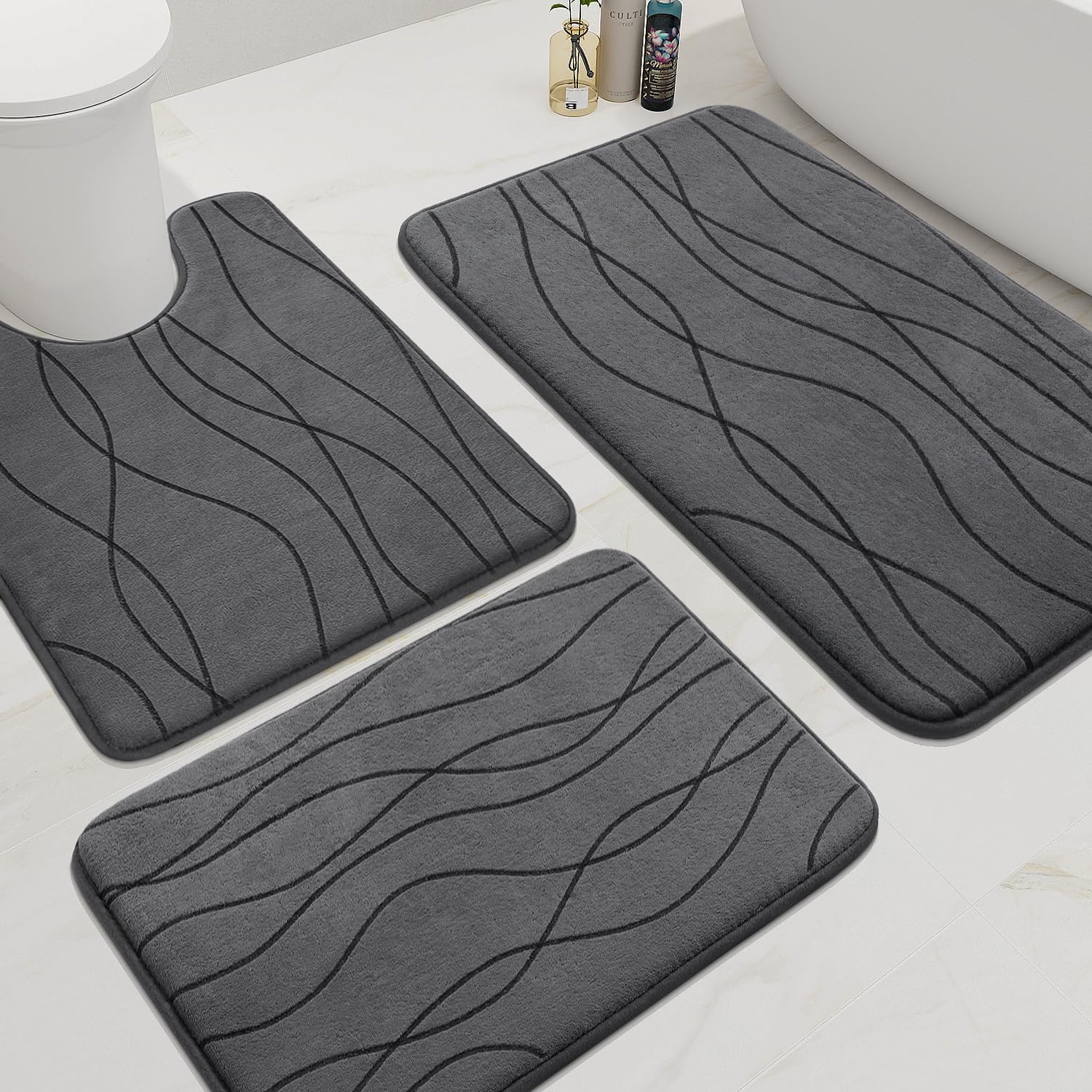 Photo 1 of YIHOUSE Memory Foam Bathroom Rug Set, 3 Pieces - Dark Grey (Ultra Soft, Absorbent, Non-Slip, Machine Washable)