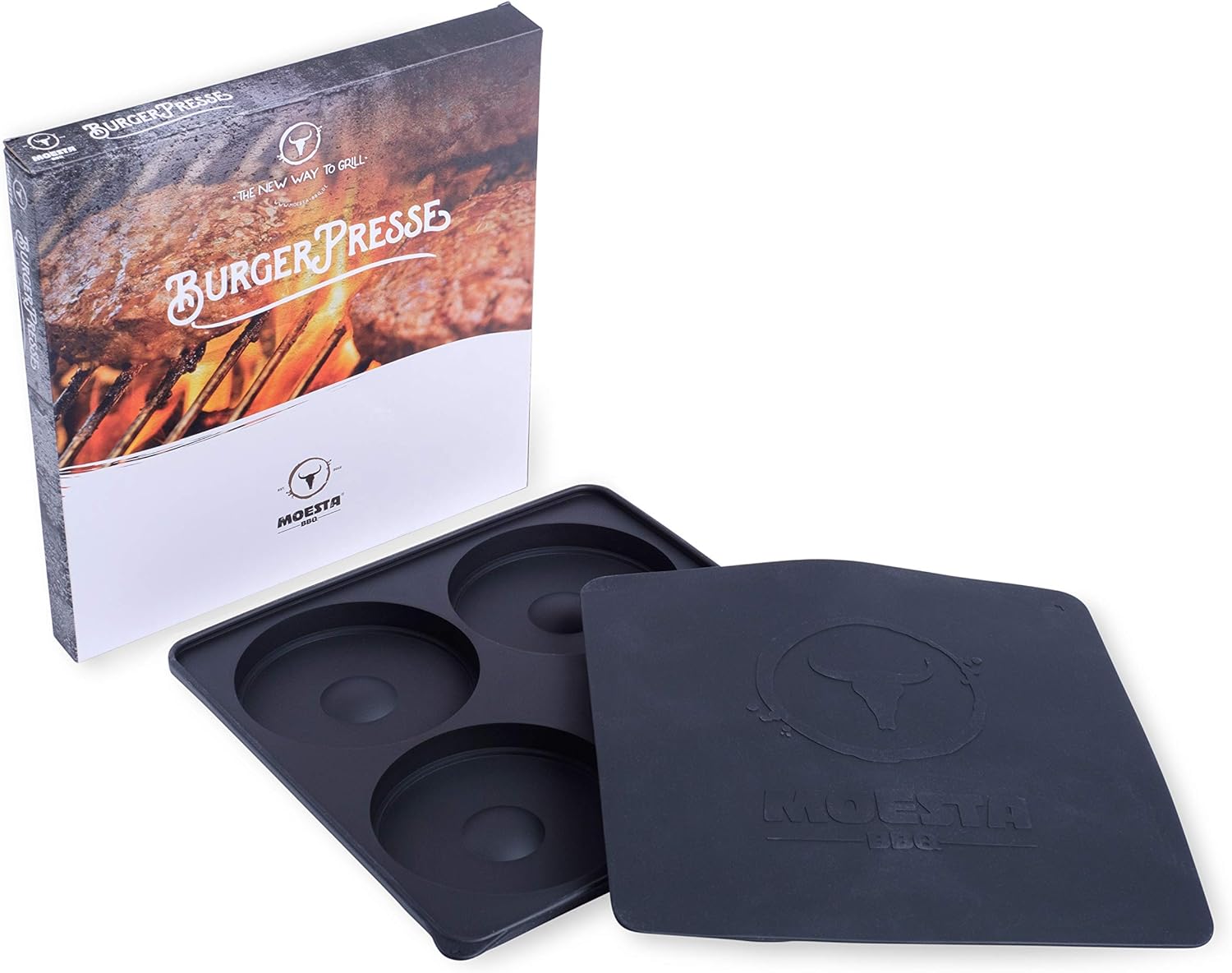 Moesta-BBQ 10361 BurgerPresse No. 1 – Die 4-Fach Silikon Hamburgerpresse (30 cm x 30 cm x 2,8 cm), für große Burger bis 125 mm Durchmesser