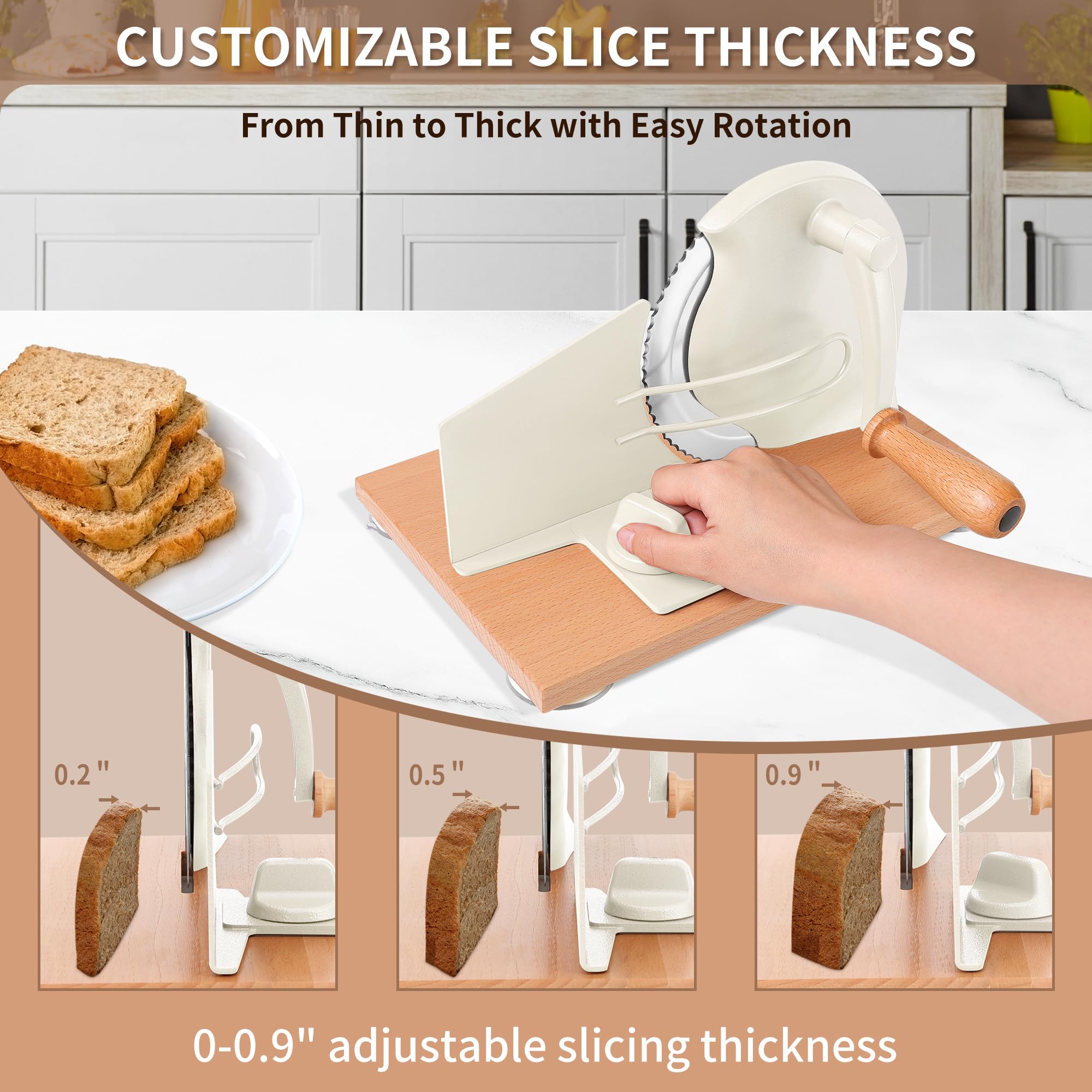 CAWIU Upgraded Manual Bread Slicer for Homemade Sourdough, Adjustable Thickness Hand Crank Bread Cutter with Stainless Steel Blade, Slicing Guide, Suction Cups & Protective Cover (Cream)