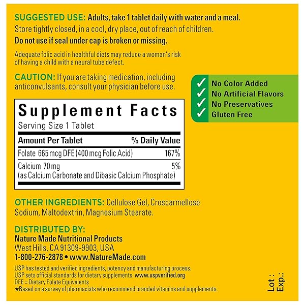 NATURE MADE FOLIC ACID 400 MCG (665 MCG DFE), DIETARY SUPPLEMENT FOR NERVOUS SYSTEM FUNCTION, 250 TABLETS, 250 DAY SUPPLY