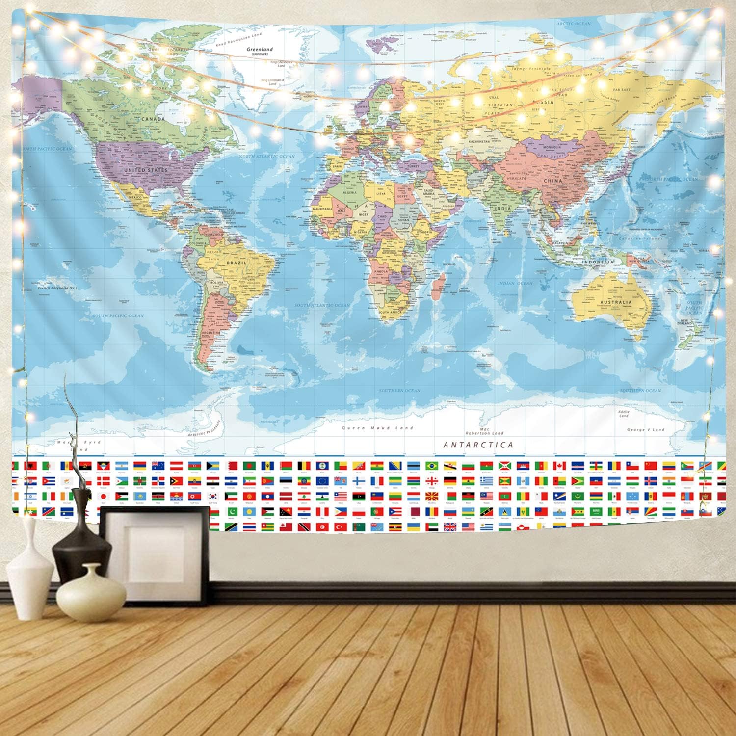 Tapestries - KYKU Map of the World Tapestry World Map Hanging Tapestry Travel Globe Wall Decor Geography Classroom Decorations (40 x 60)