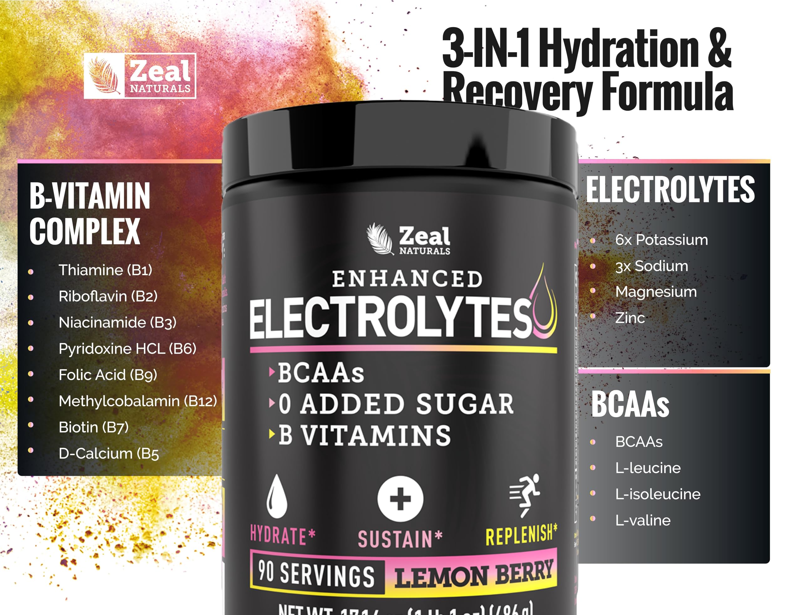 Zeal Naturals Electrolyte Powder Recovery Drink (90 Servings | Lemon Berry) w/ 0 Sugar +BCAAs +B-Vitamins Electrolyte Supplement w Potassium Zinc & Magnesium for Hydration - Keto Electrolytes