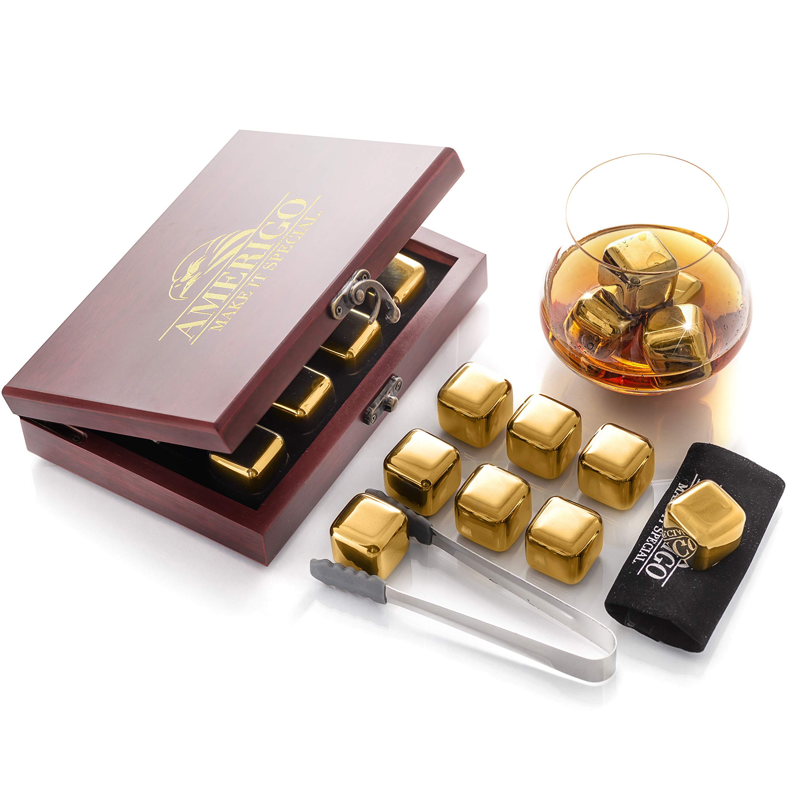 Amerigo Gold Stainless Steel Whiskey Stones Gift Set in Beautiful Wooden Box - Reusable Ice Cubes for Drinks - Bar Accessories - Whisky Gifts for Men - Brothers Gifts - Whiskey Rocks + Ice Tongs