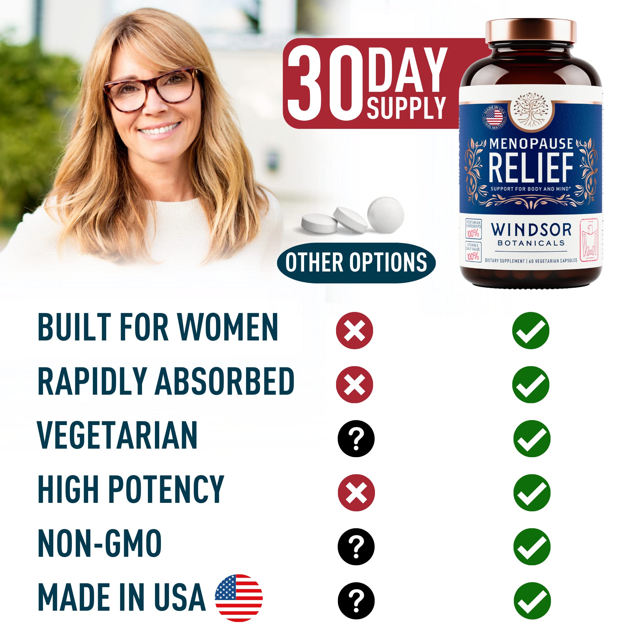 Menopause Supplements for Women - Windsor Botanicals Multivitamin with Chastebrry, Black Cohosh for Hot Flashes, Menopause Relief and Hormone Balance for Women - 60 Natural Progesterone Estrogen Pills