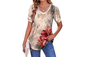 Zeagoo Women's Puff Short Sleeve Boho Shirts Casual V Neck Floral Solid Summer Blouse Pleated Tunic Top