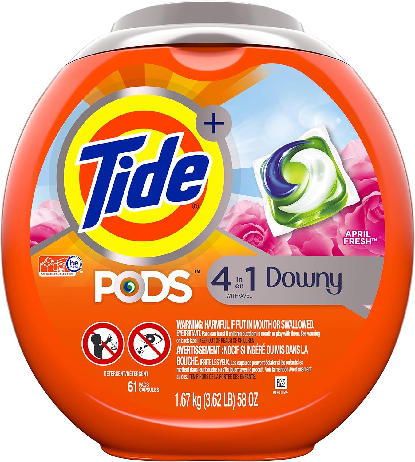 Tide PODS Plus Downy 4 in 1 HE Turbo Laundry Detergent Pacs, April Fresh Scent, 61 Count Tub - Packaging May Vary: Health & Personal Care