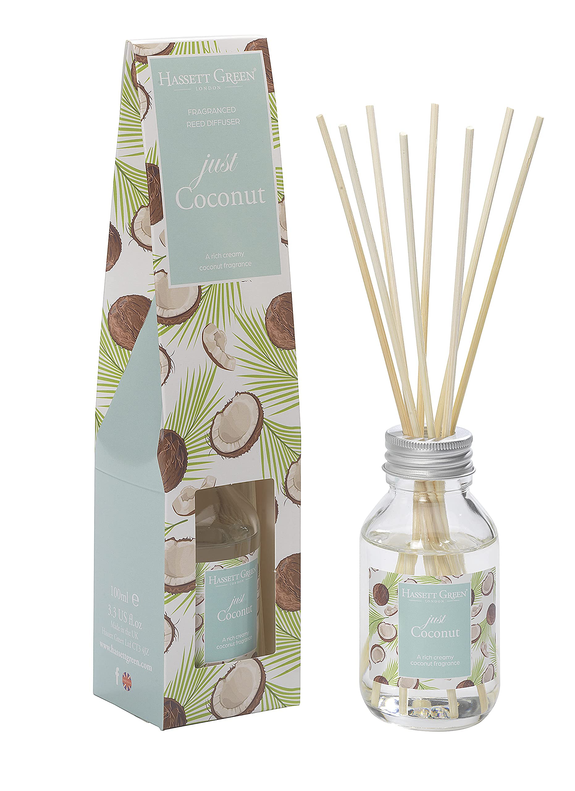 Hassett Green London - Just Coconut - Fragrance Oil Reed Diffuser - 100ml Glass Bottle with 8 Rattan Reeds