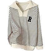 Verdusa Women Quarter Zip Pullover Oversized Stripe Long Sleeve Sweatshirt Collared Fall Tops