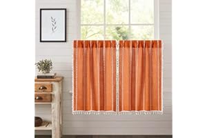 RoomTalks Fall Color Boho Farmhouse Kitchen Curtains 36 Inch Length French Striped Modern Vintage Chic Textured Orange Autumn Short Cafe Curtains for Small Window Kitchen Bathroom