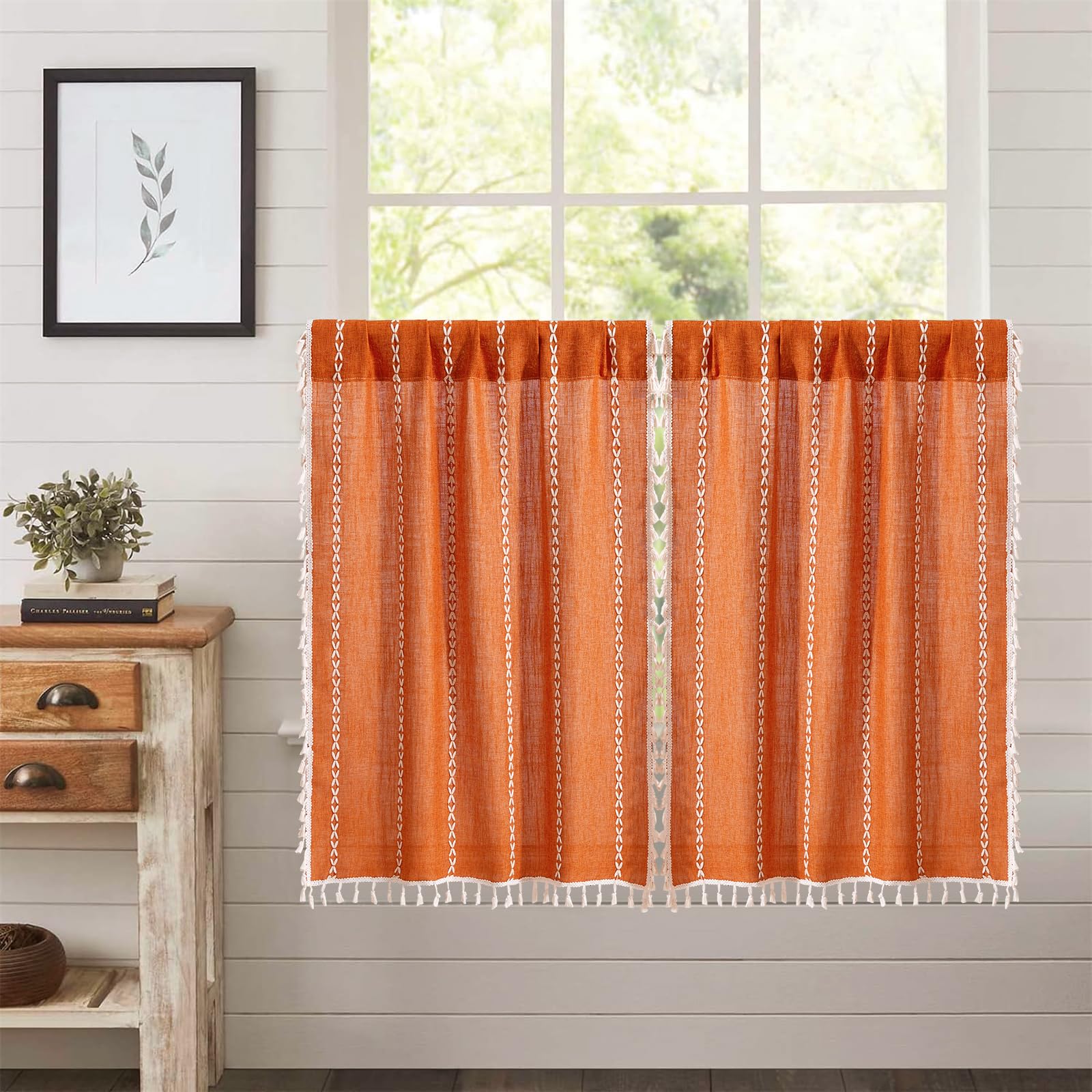 Photo 1 of RoomTalks Fall Color Boho Farmhouse Kitchen Curtains 36 Inch Length French Striped Modern Vintage Chic Textured Orange Autumn Short Cafe Curtains for Small Window Kitchen Bathroom
