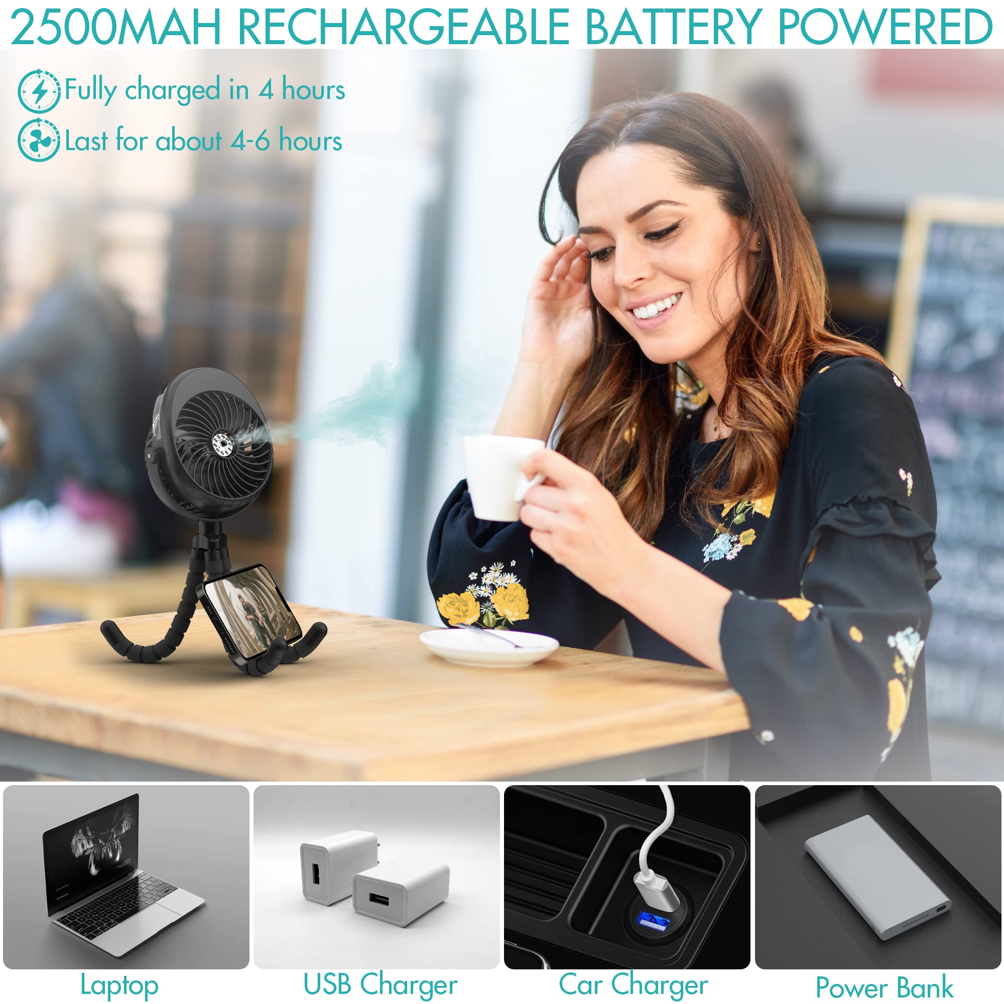 COMLIFE Misting Stroller Fan, 2500mAh Battery Powered Personal Desk Fan with Flexible Tripod, 3 Speed USB Fan for Stroller Office Camping,Black