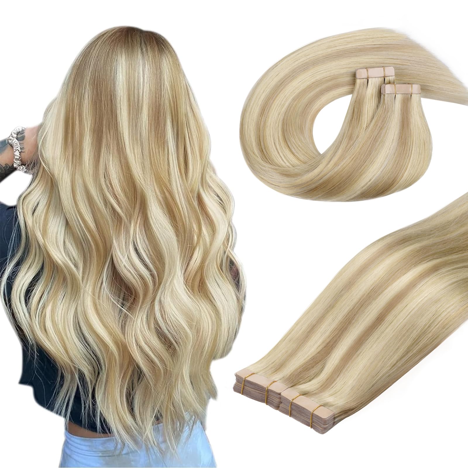 DOORES Tape in Hair Extensions, Dark Blonde Highlighted Bleach Blonde 14 Inch 100g 40pcs, Remy Human Hair Extensions Tape in Straight Hair Seamless Invisible Tape Hair — image 1