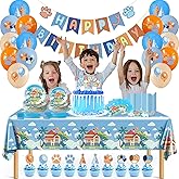 Blue Dog Birthday Decorations for 20 Guests - Blue Birthday Party Supplies Banner, Tablecloth, Balloons, Plates and Napkins, Fork, Cake Toppers, Paper Food Trays