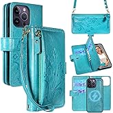 Lacass for iPhone 14 Pro Max Detachable Crossbody Wallet Case,Compatible with MagSafe Wireless Charging, [Cards Theft Scan Protection], Magnetic Case Stand PU Leather Zipper(Floral Blue Green)