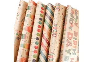 NESCCI Wrapping Paper,Birthday Wrapping Paper,Gift Wrapping Paper,12 Sheets Folded Flat Kraft Papers for Kids Birthday Gift Wrap.6 Styles of ''Happy Birthday''(19.7 Inch X 27.5 Inch Per Sheet)