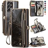 Defencase Compatible with Samsung Galaxy S23 Ultra Case Wallet with RFID Blocking Card Holder for Women Men, PU Leather Magnetic Snap Flip Zipper Strap Phone Case Fit for Galaxy S23 Ultra 5G, Coffee