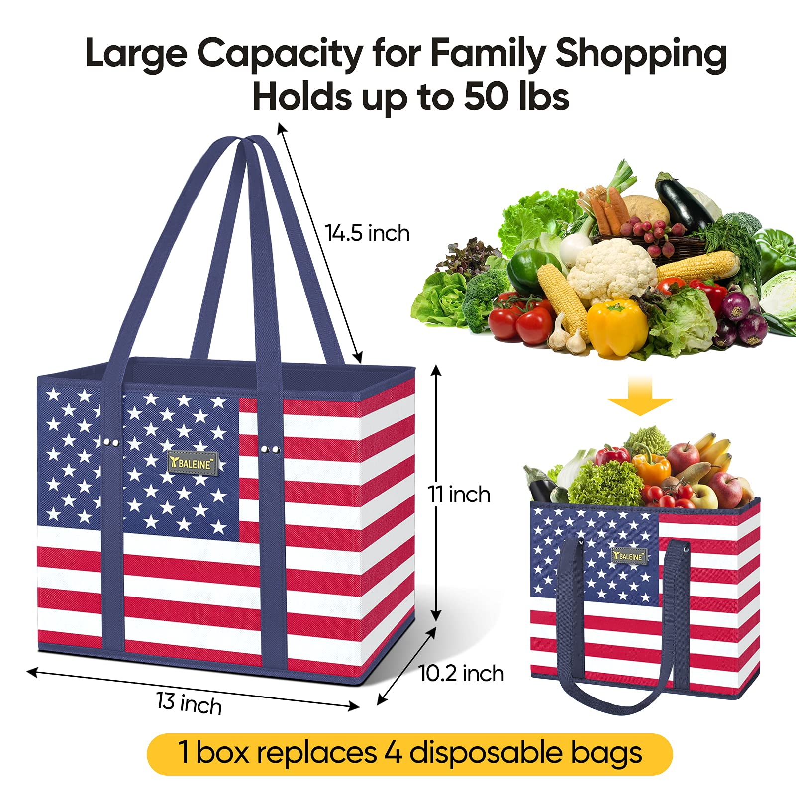 BALEINE 3Pk Reusable Grocery Bags, Foldable Shopping Bags for Groceries with Reinforced Bottom & Handles (Patriot Celebration)