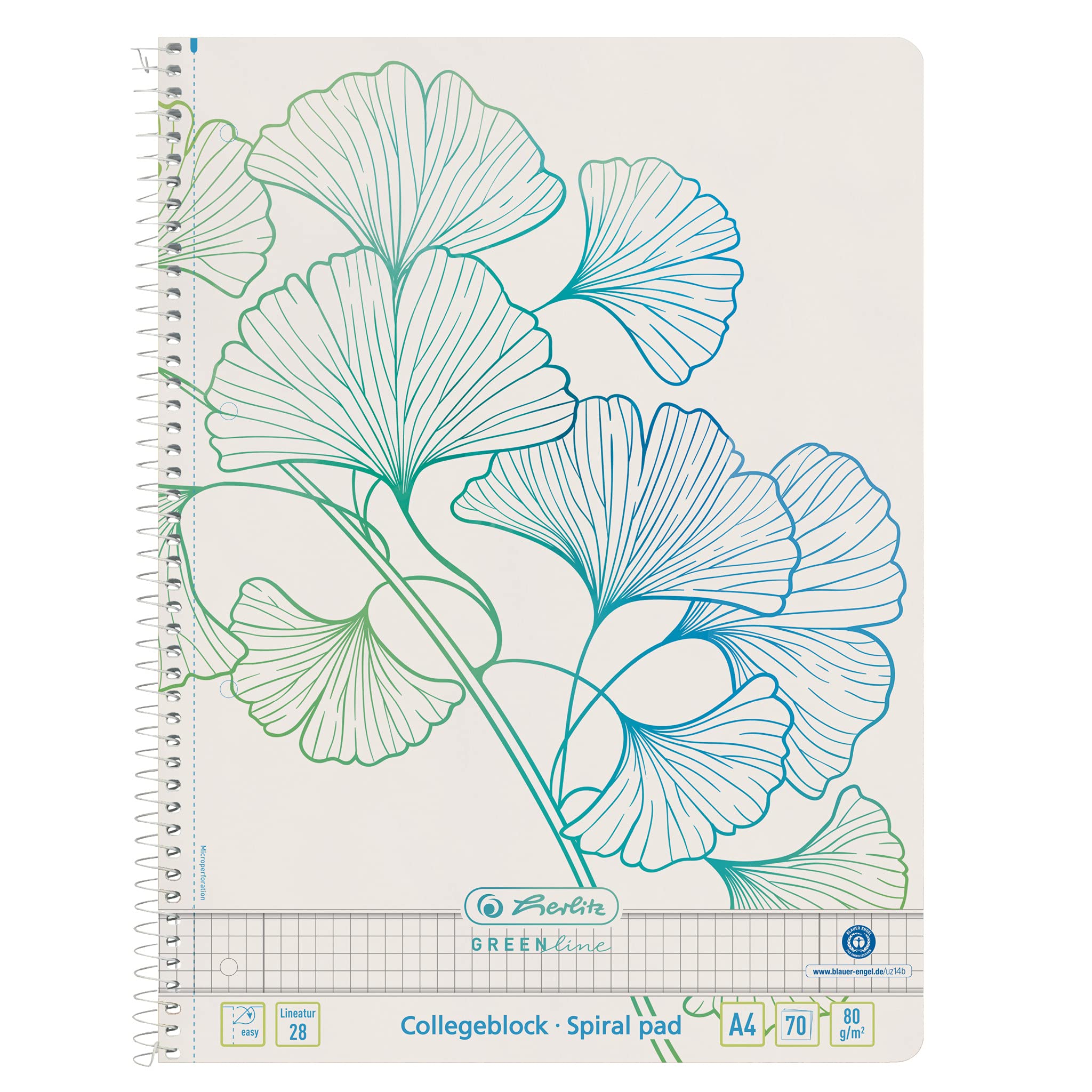 Herlitz Greenline Spiral Notepad A4 70 Sheets Line Style 28 Motif Ginkgo Product Detail