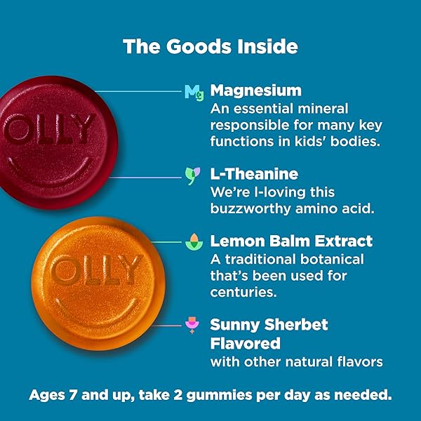 OLLY KIDS CHILLAX GUMMY, FOR A CALM AND RELAXED MOOD*, MAGNESIUM, L-THEANINE, LEMON BALM EXTRACT, CHEWABLE SUPPLEMENT, SHERBET FLAVORED, 25 DAY SUPPLY – 50 COUNT (PACKAGING MAY VARY)
