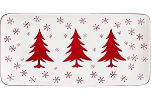Euro Ceramica Winterfest Collection Festive 14.8" Ceramic Rectangular Serving Platter, Hand-Painted Holiday Design, Red & Whi