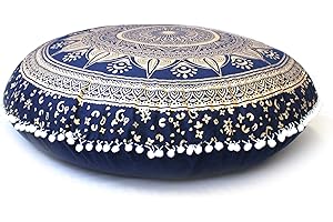 CRAFT KALA 32 Inch Meditation Floor Pillow Cover Round Pillow Seating Hippie Decorative Adults Bohemian Mandala Cushion Cover Outdoor Living Room Throw Ottoman Poufs Cover (Blue Gold Trishul)