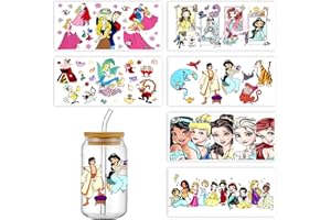 GARETHEORA 6Sheets Cartoon UV DTF Cup Wrap Transfer Stickers for 16oz Glass Cups, Rub on Transfers for Crafts Cup Decal Stickers (Princess)