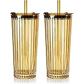 Puraville 2 Pack 18oz Glass Cups with Lids and Straws, Vintage Ribbed Striped Thickened Glassware for Whiskey Cocktail Beer, Mason Jar Drinking Glasses Tumbler Iced Coffee Cup, Amber