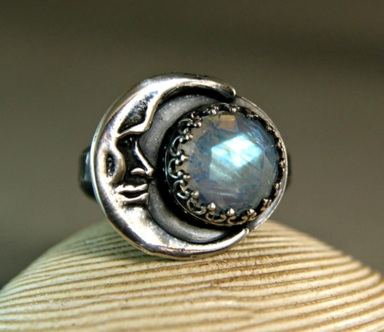 Crescent Moonstone Moonstone Ring Hand Made Antiqued