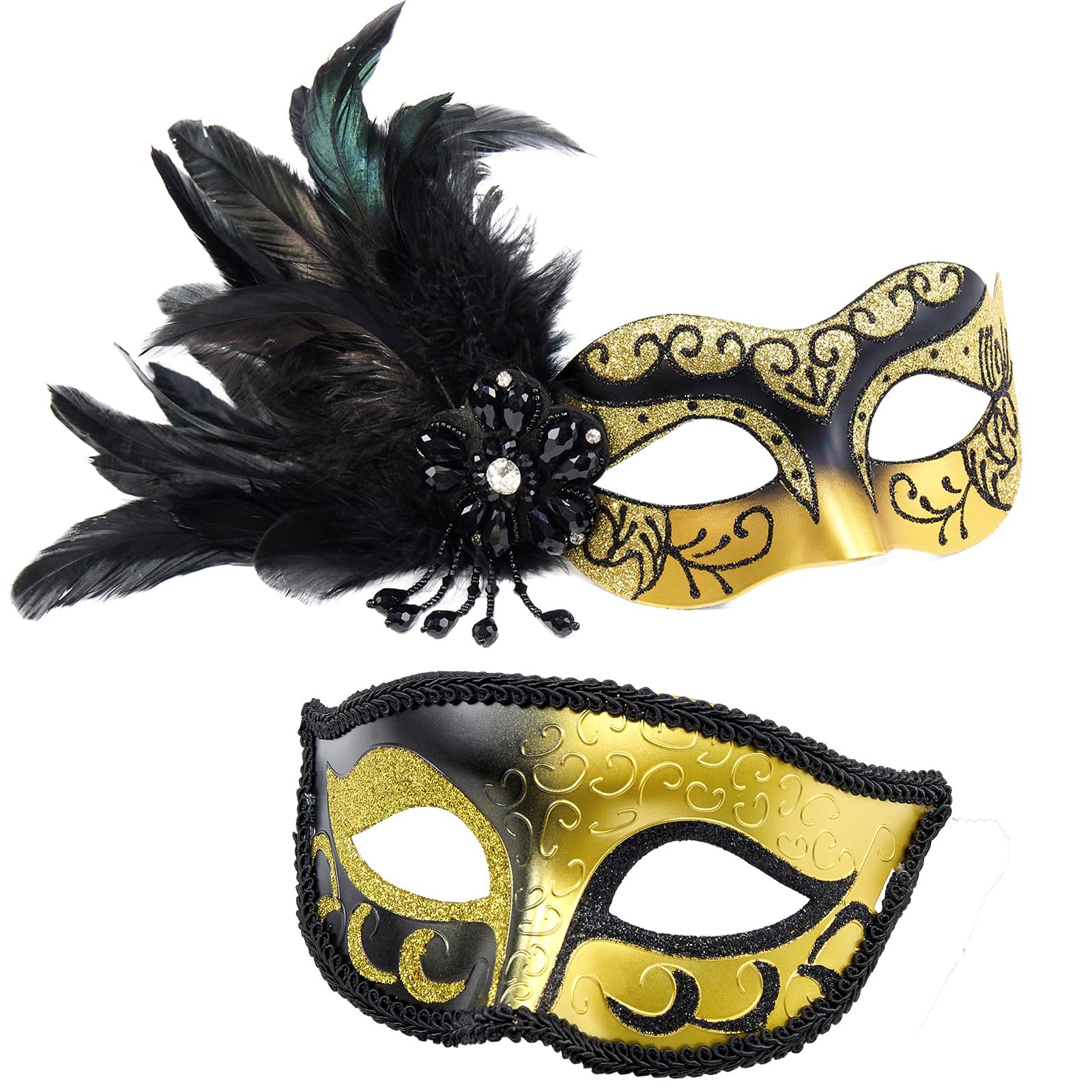 MYSEUNI 2024 New Couples Venetian Masquerade Mask Set Feathers - Black and Gold Masquerade Mask for Costume Mardi Gras