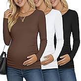 Ficerd 3 Pack Women's Maternity Shirts, Long Sleeve Side Ruched Pregnancy Tee Tops Crew Neck Casual Mama Clothes Basic Tunic