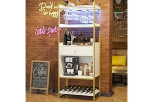 Housoul Wine Bar Cabinet with LED Lights, Industrial 67" Tall Coffee Bar with Glass Rack, Liquor Cabinet Wine Rack Storage Metal Wood Sideboard Buffet for Home Dining Living Room, White & Gold