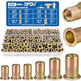 DFDU 400Pcs SAE Rivet Nut Kit, UNC Threaded Insert Nutsert Set, 6-32 8-32 10-24 1/4"-20 5/16"-18 3/8"-16 Flat Head Carbon Steel Zinc Plated Rivnuts for Metal Sheet Fasteners