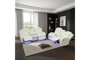 SIENWIEY Power Leather Recliner Sofa Set with LED Light,Reclining Sofa and Loveseat,Leather Couch Set for 3 Seats Couch with Coffee Table/Loveseat with Storage Console 2 PCS for Living Room(White,3+2)