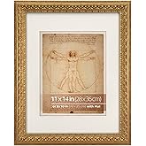 WYNCO 11x14 Distressed Gold Ornate Vintage Picture Frame, With Mat 8x10 inches, Real Glass Protection, Horizontal or Vertical Display