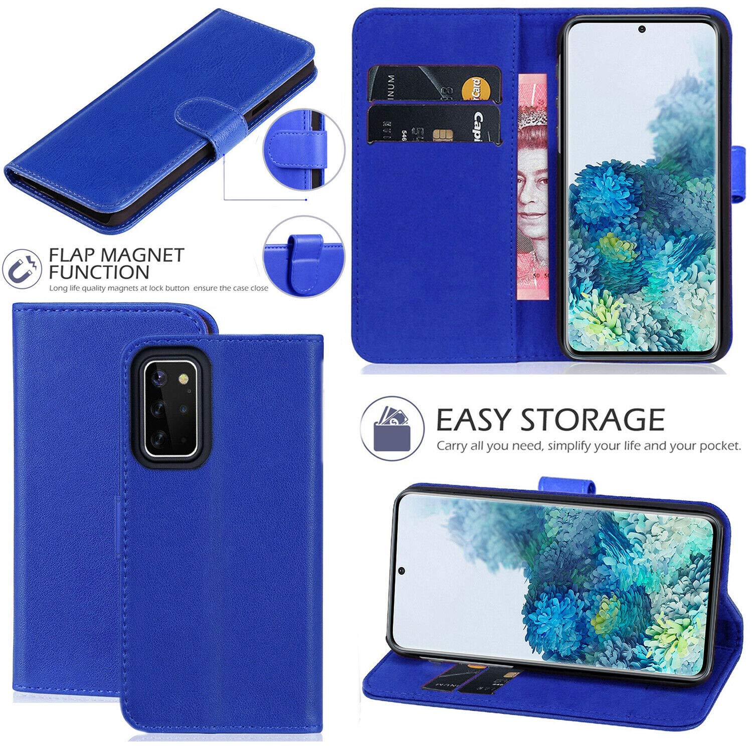 RKVMM Galaxy Note 20 Ultra Flip Cover, Genuine Faux Leather Shockproof Folio Wallet Cover [TPU Inner Shell] [Kickstand][Card Slots][Magnetic Closure] for Galaxy Note 20 Ultra/Note 20 Ultra 5G (Blue)