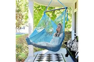 BATHONLY Caribbean Hammock Swing Chair with Spreader Bar, Large Hammock Chair, Hand Craft Rope Hanging Chair Outdoor, Indoor, Bedroom, 330 LBS Weight Capacity, Blue