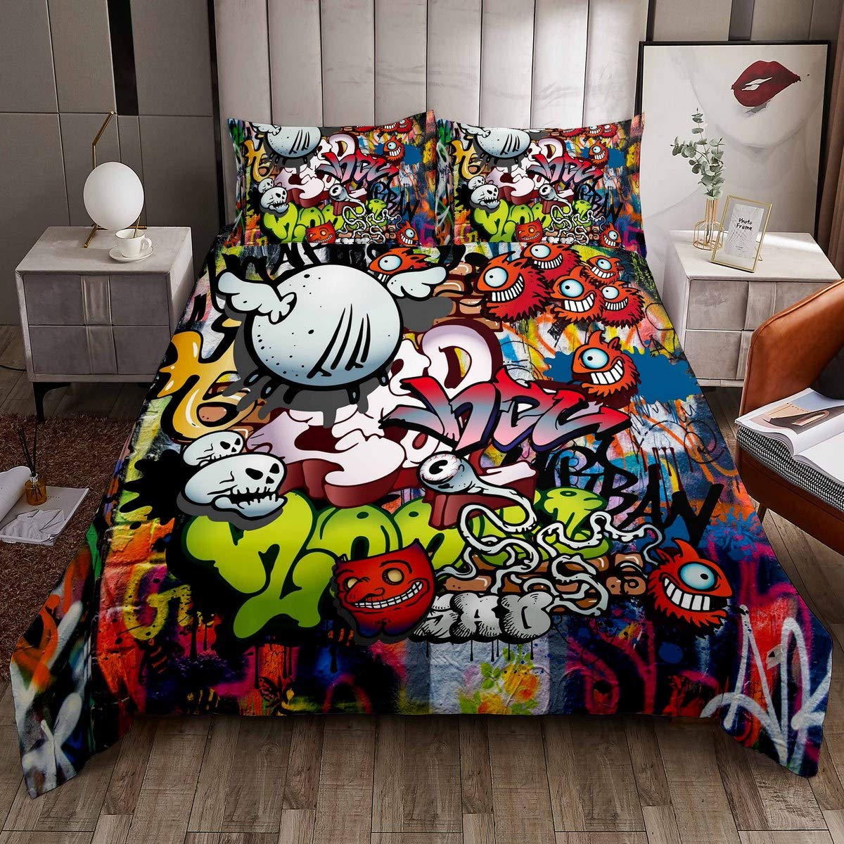 Hip Hop Decor Comforter Cover Hippie Graffiti Style Bedding Set for Boys Girls Children Street Culture Duvet Cover Modern Graphic Wall Urban Art Bedspread Cover Room Decor Double Size Quilt Cover 3Pcs