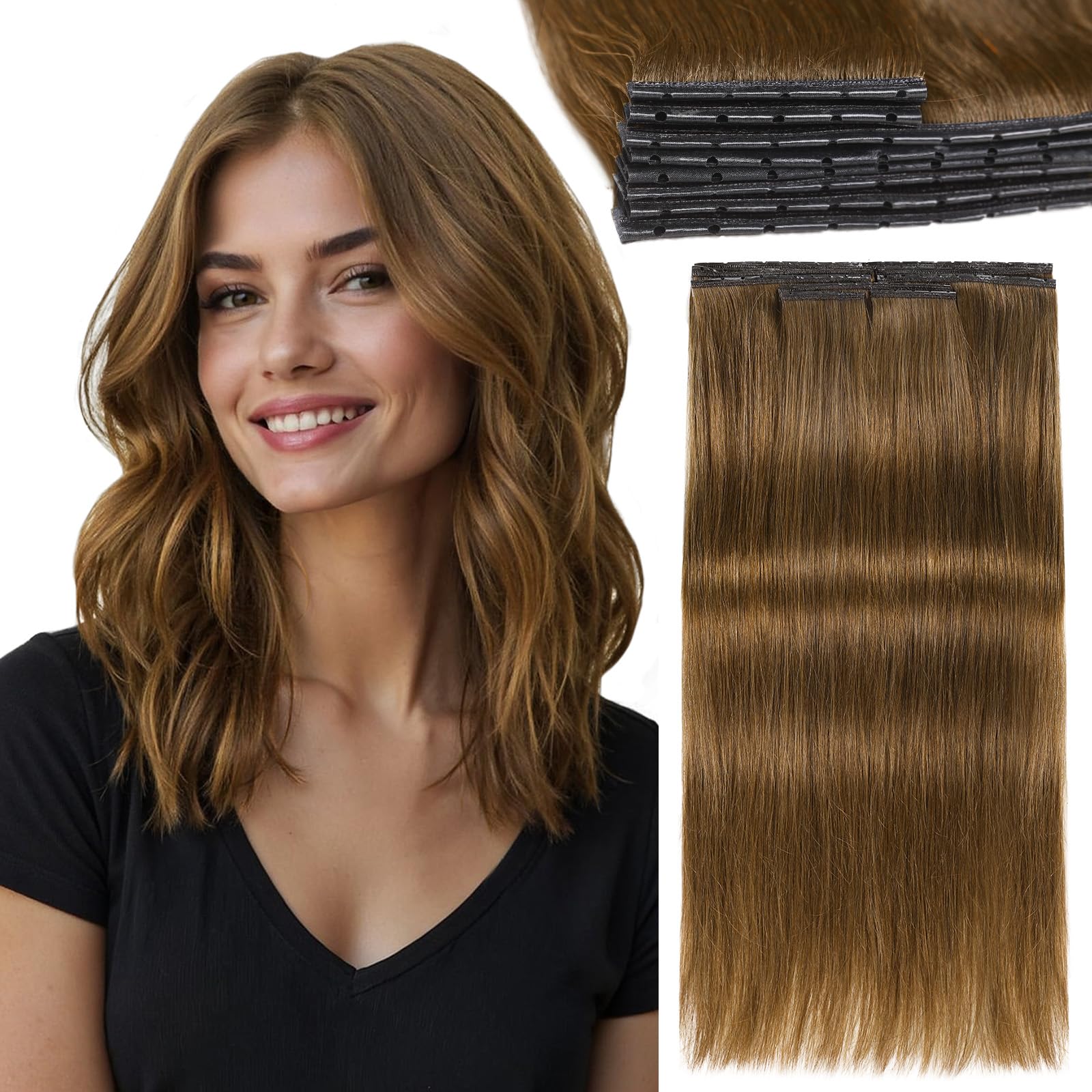 Photo 1 of LADY MIRANDA 14 Inch 100g Double Weft Hair Extensions Human Hair with Micro Beads Light Brown Hair Extensions Seamless Reusable Beaded Weft Human Hair Extension OVO Handmade PU Wefts (4#, 14 Inch)