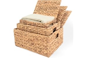 KOLWOVEN Wicker Storage Baskets with Lid, Basket With Lid Decorative Storage Rectangle 14"D X 11"W X 7"H Wicker Storage Basket With Lid Large Rattan Storage Box Hyacinth Baskets