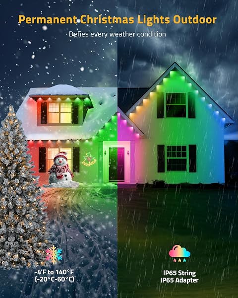 DELITOR PERMANENT OUTDOOR LIGHTS, 111FT SMART BLACK CHRISTMAS LIGHTS WITH APP CONTROL, IP65 WATERPROOF ETERNITY EAVES LIGHTING WITH 72 RGB LED LIGHTS FOR OUTSIDE ROOFLINE DECOR, PARTY, HOLIDAY XMAS