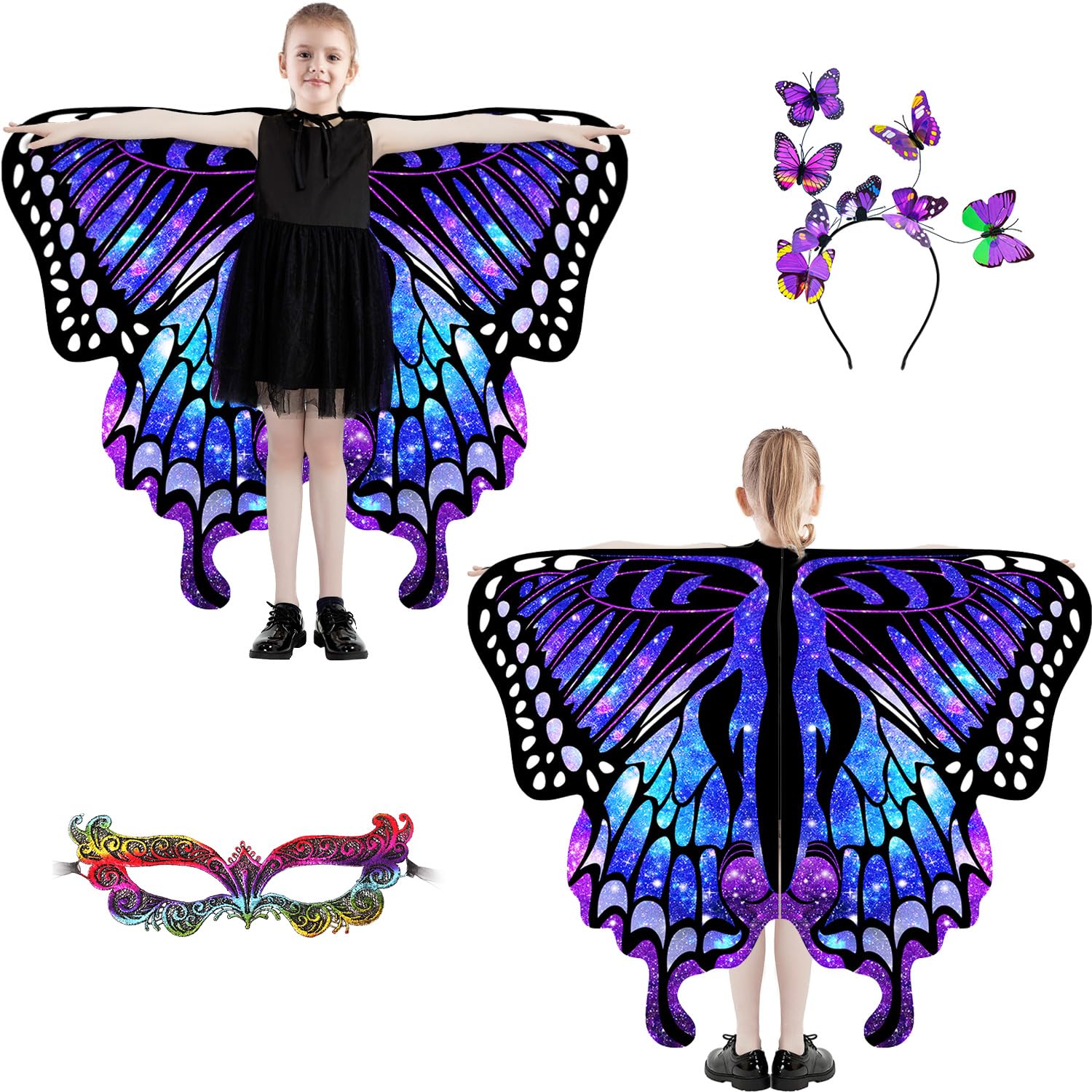 Plainshe Butterfly Wings for Girls, Double-Sided Fairy Wing, Kids Butterfly Costume for Halloween, 3PCS Cape Set (Double-Sided 16)
