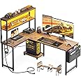 AODK L Shaped Desk Gaming Desk with LED Light & Power Outlet, 53 Inch Reversible L Shaped Computer Desk with Shelf, Corner Desk with Storage Bag&Hook for Home Office Desk, Vintage